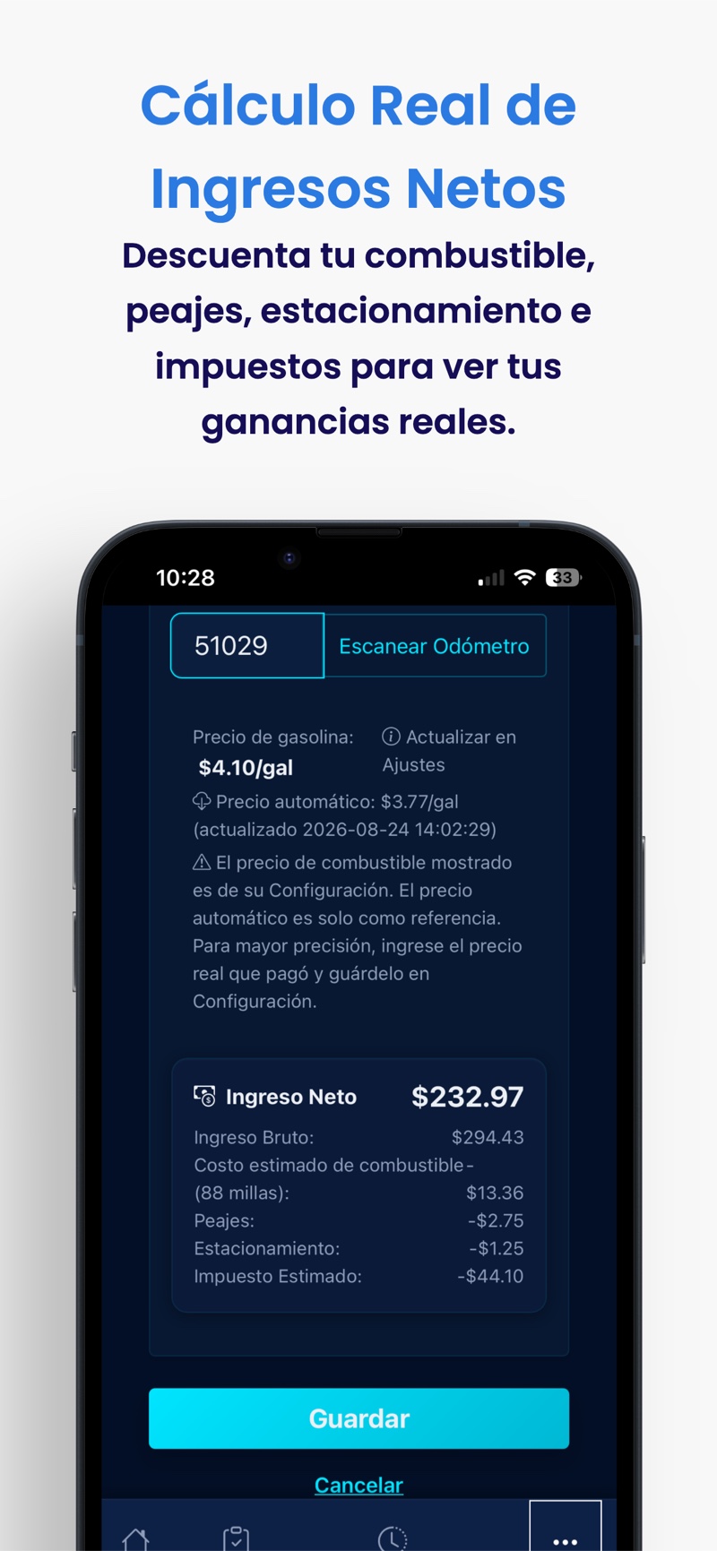 Desglose de ingreso neto de GigTaxHelper con ingreso bruto menos combustible, peajes, estacionamiento e impuesto estimado